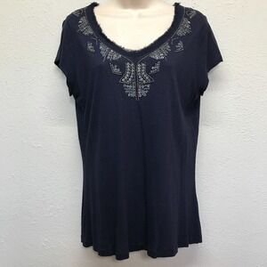 Chicos Top Shirt Size 1 Womens M Navy Blue Beaded Sequins Raw Hem Lightweight
